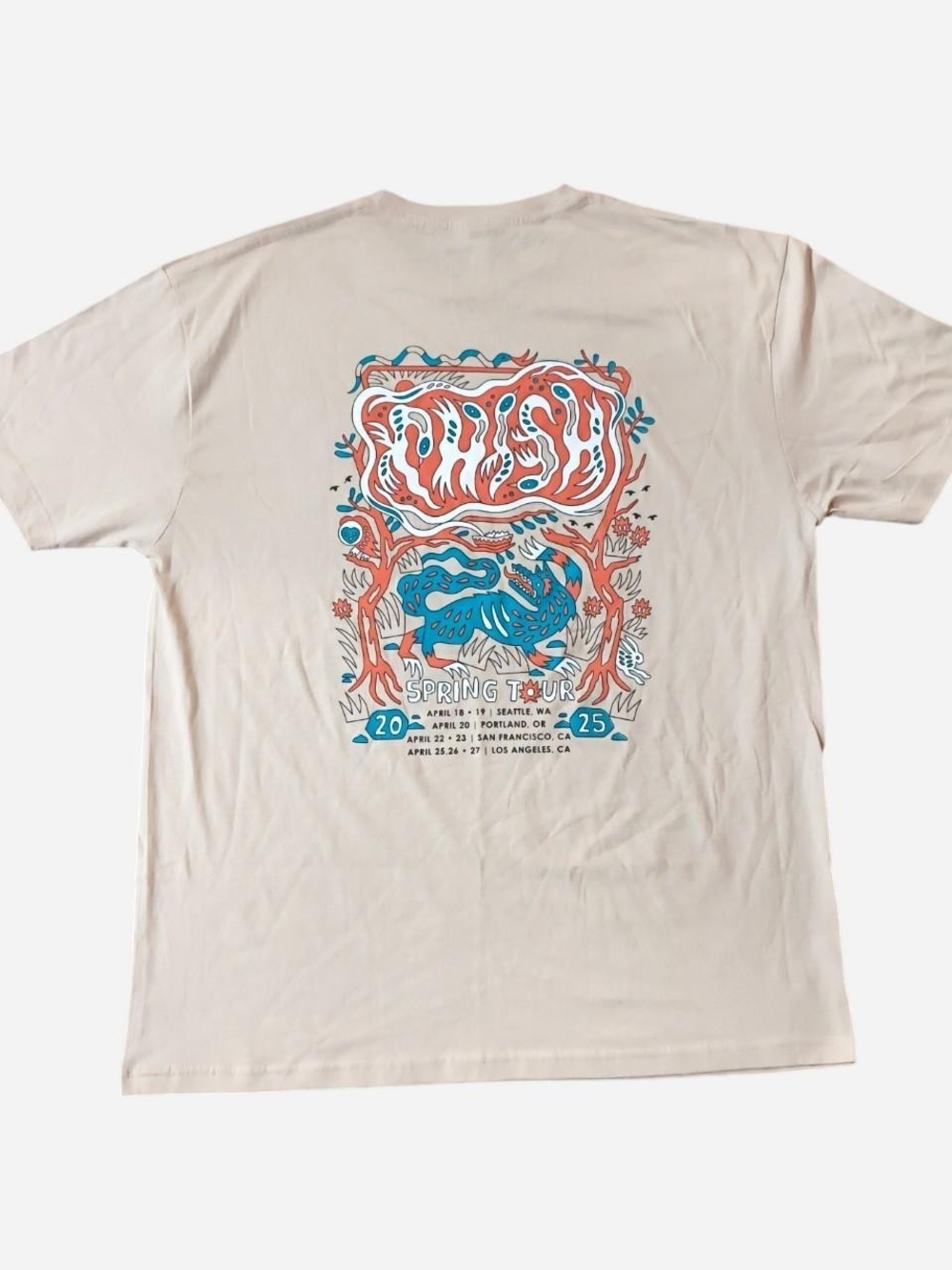 Unbranded Men's Cream Graphic T-Shirt with Blue & Coral Print